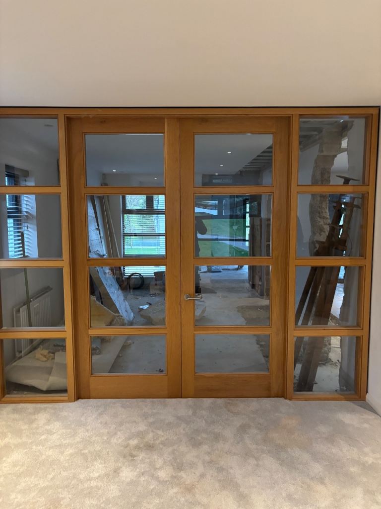 Internal solid oak wood double doors and window side panels