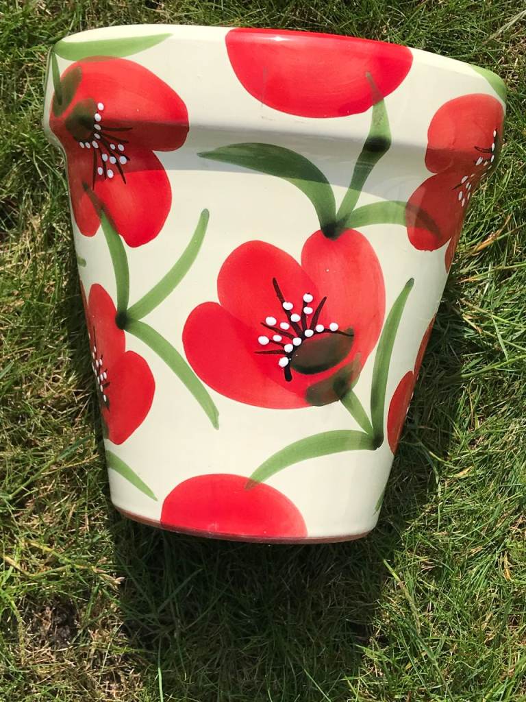 Glazed Cream & Red Poppy Terracotta Wall Planter – Like New
