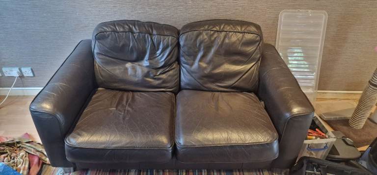 Two Seater Brown Leather Sofa – Fair Condition