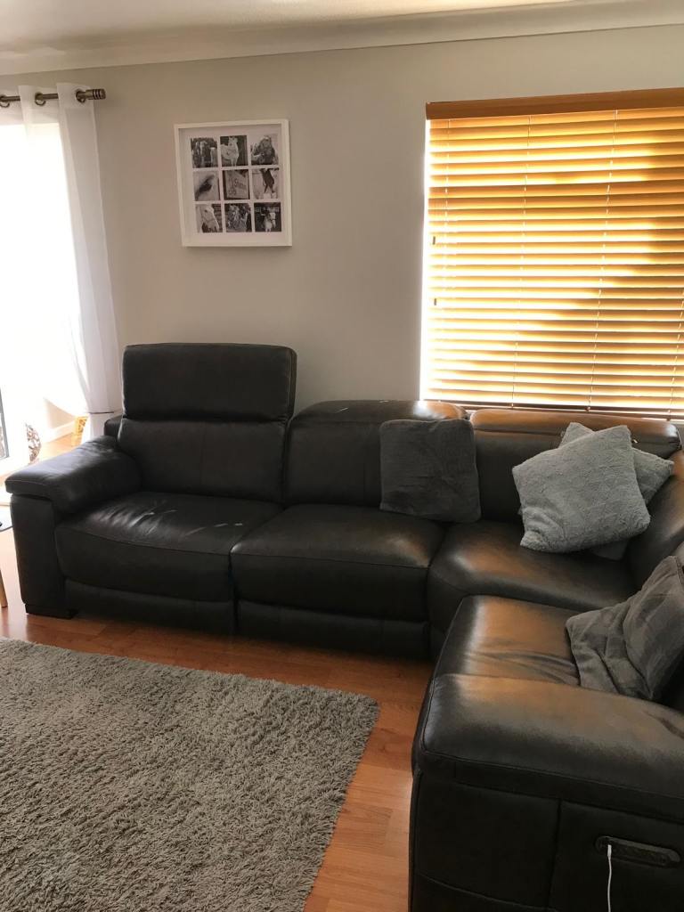 Large Black Leather Corner Sofa – Reclining Section, Good Condition