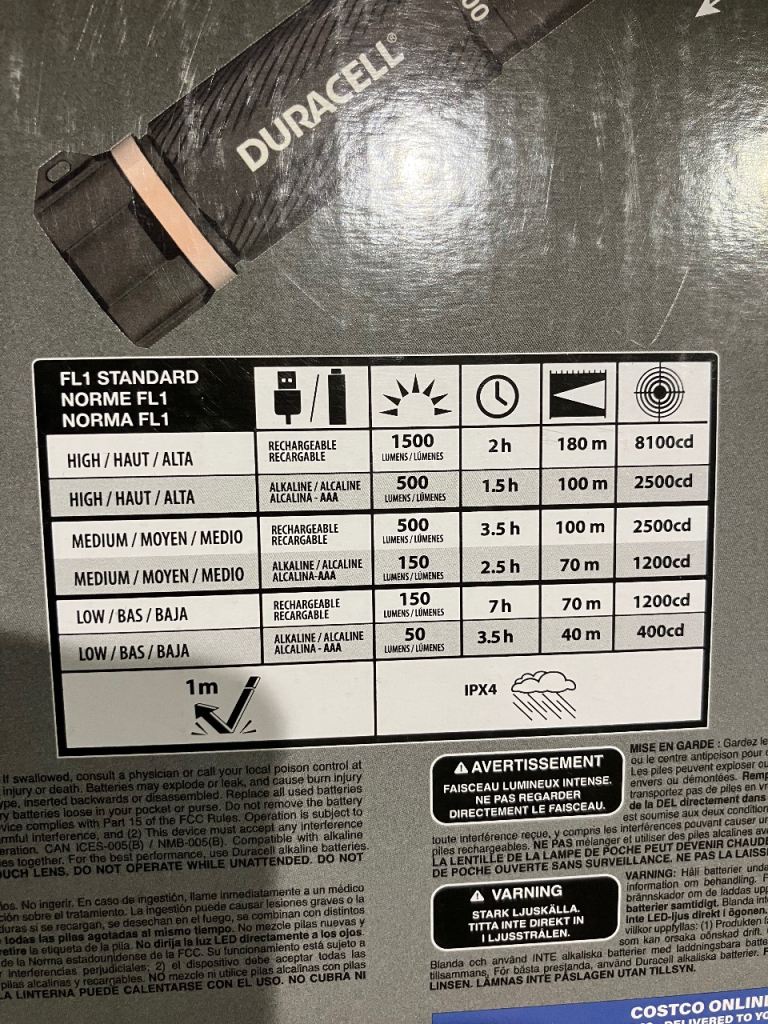 Duracell 1500 lumen 4 pack hybrid LED hand torches with batteries, new in box