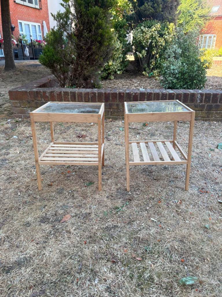 Pair of Wooden Side Tables with Glass Tops – Good Condition