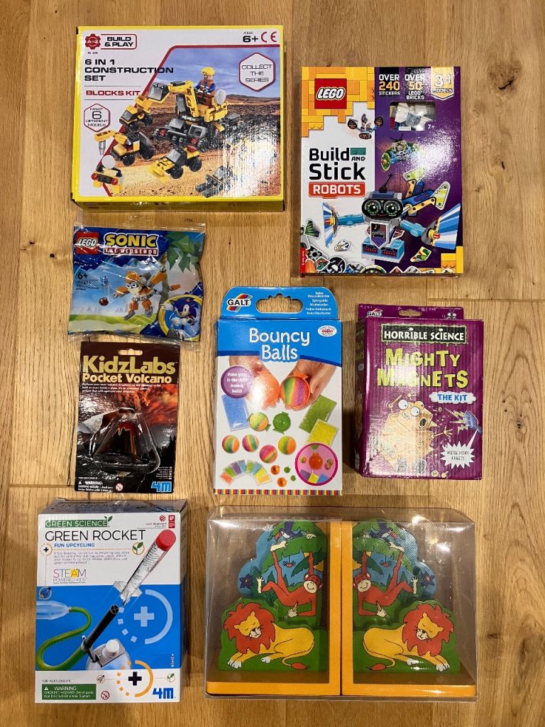 Various toys, some brand new- Lego, science, bookends