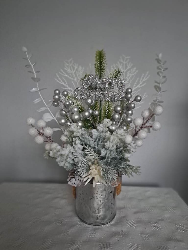 Festive Seasonal Christmas Decoration in Silver Pot