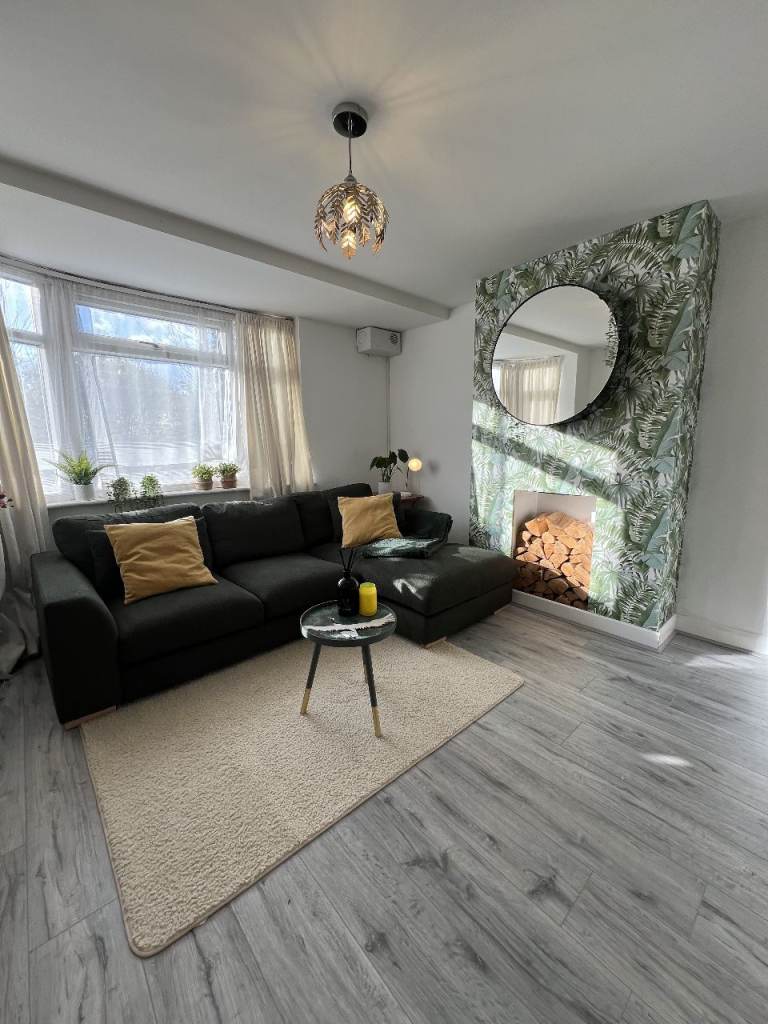 Green L-Shaped Sofa, Boucle - Very Good Condition. Only had in spare room and brought 1 year ago.