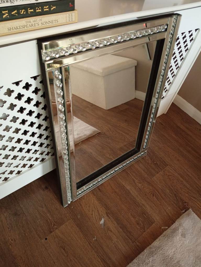 Decorative Silver Mirror with Crystal Embellishments – Good Condition