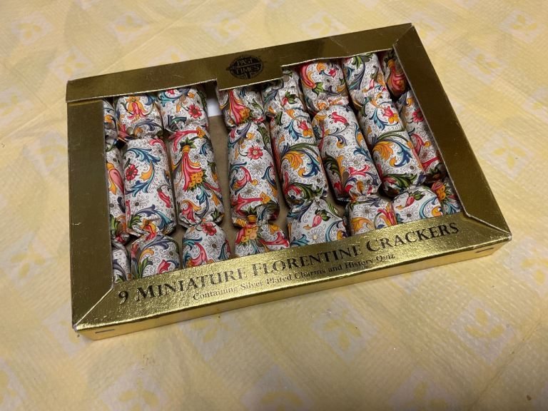 Past Times miniature crackers with silver plated charms and history quiz