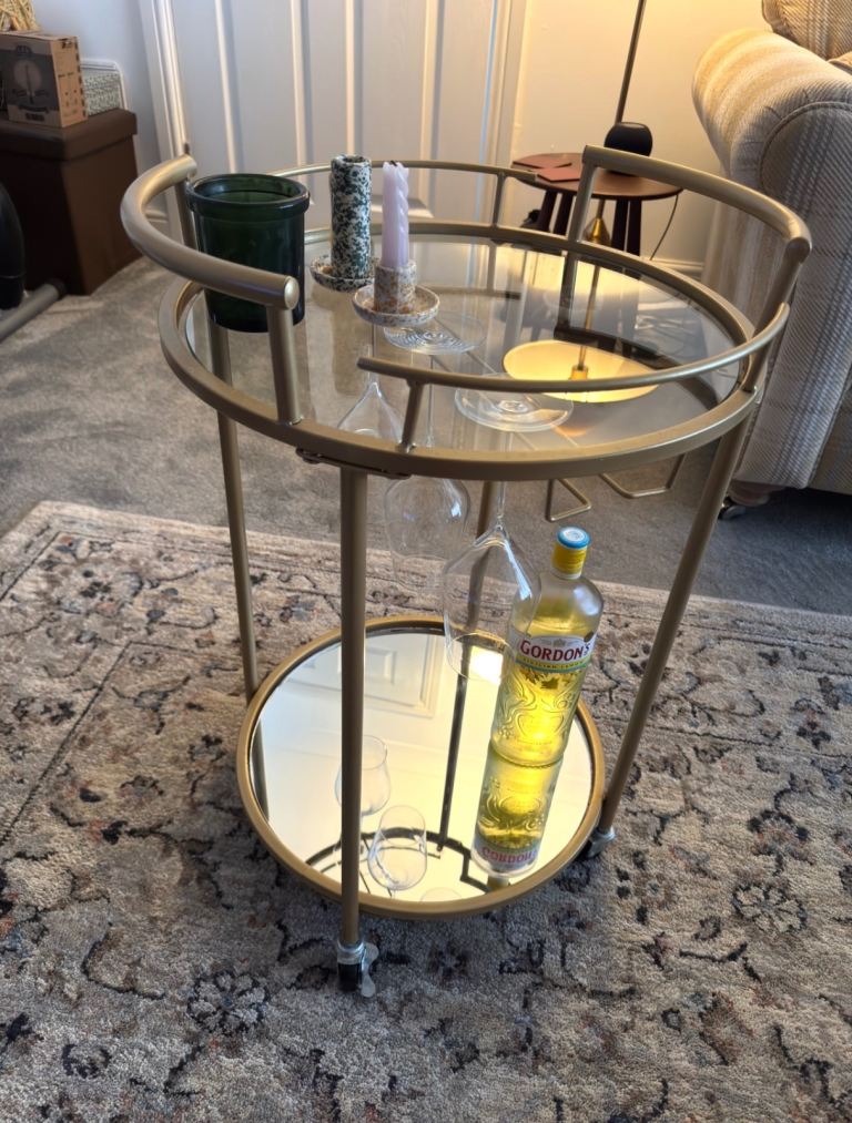 Gold Bar Cart with Glass Shelves – Good Condition