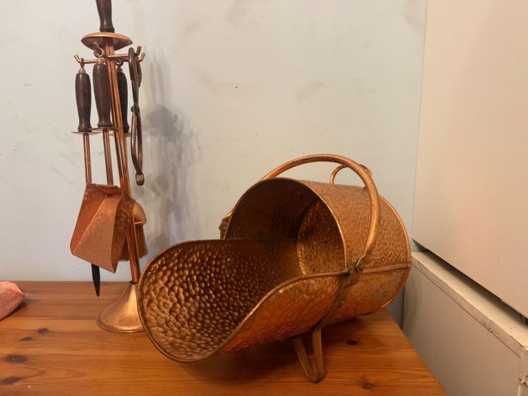 Rustic Copper Style Coal Scuttle Bucket & Matching Fireplace Companion Set