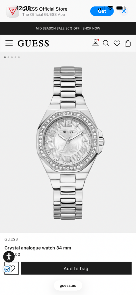 Guess Crystal Analogue Watch 34mm - Silver, Brand New