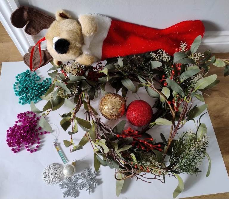 Bundle of Assorted Christmas Decorations (Garland, Baubles, Beaded Strings) plus Small Stocking