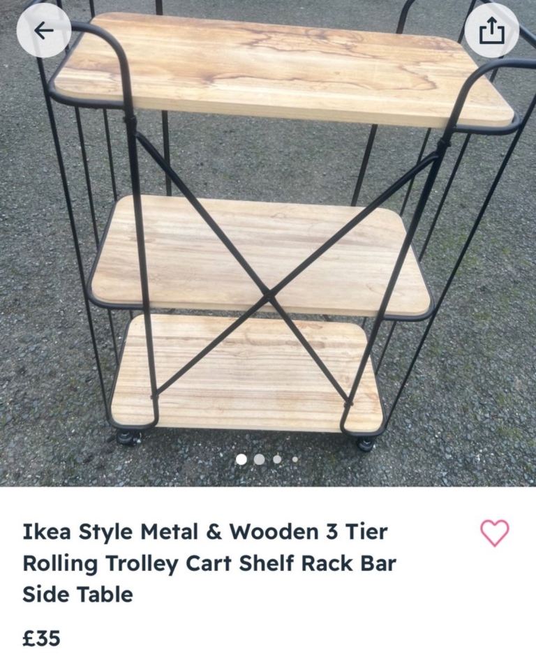 IKEA Style Metal & Wooden 3 Tier Rolling Trolley Cart Shelf Hack Bar Side Table