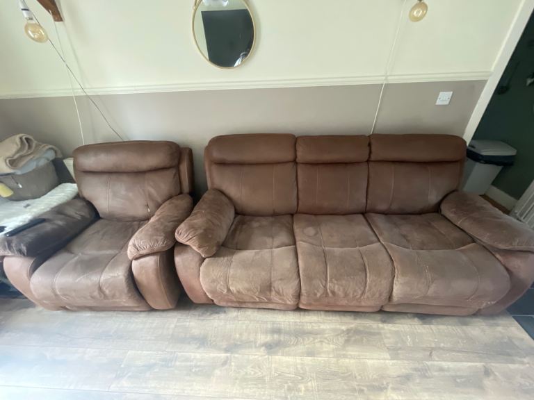 Reclining FREE!!! arm chair and 3 seat sofa. Brown swede 
