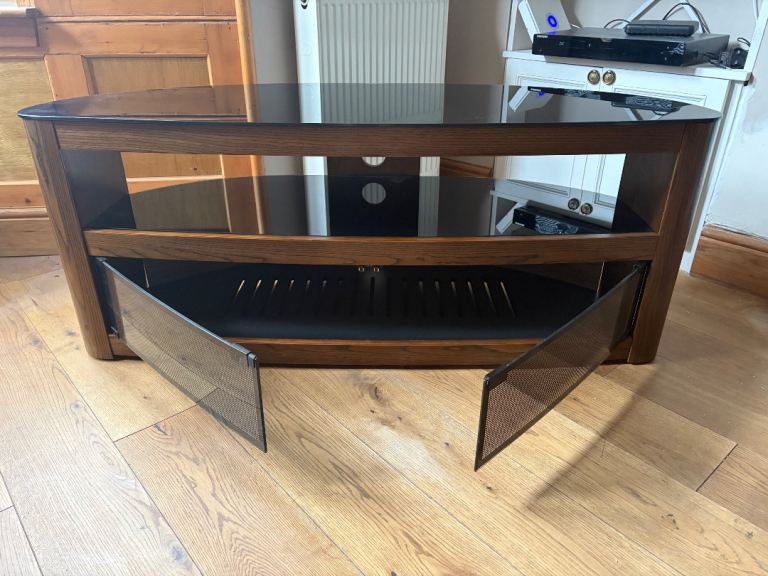 Corner TV Stand with Glass Shelves and Doors