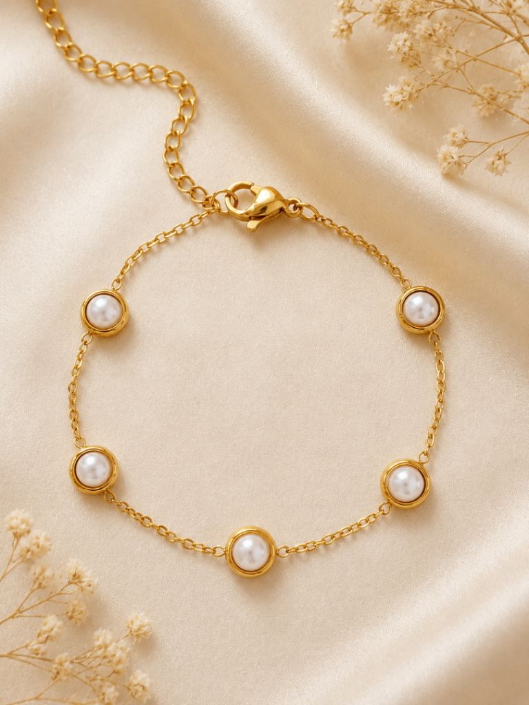 Dainty Pearl Button Chain Bracelet Gold Plated Stainless Steel Minimalist Gift Everyday Trendy