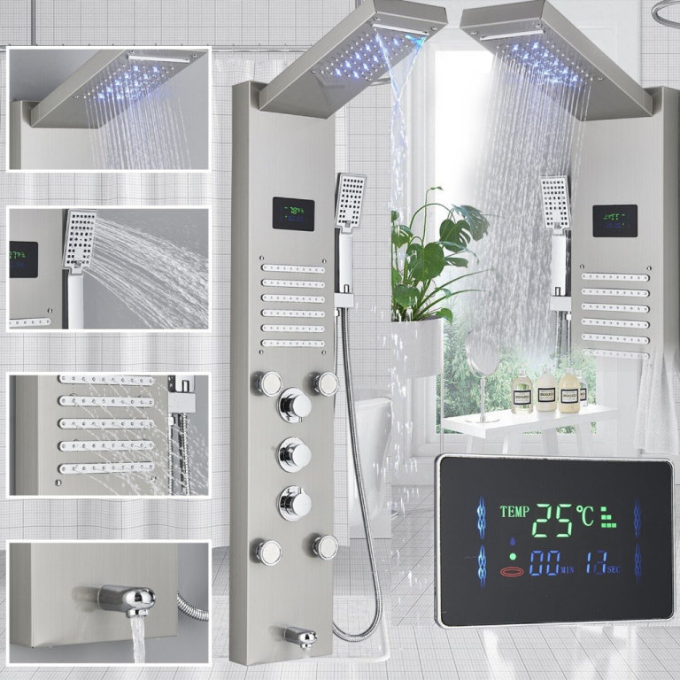 New Brushed Nickle LED Shower Panel + Tap and Massage Jets RRP £250 Our Price £180