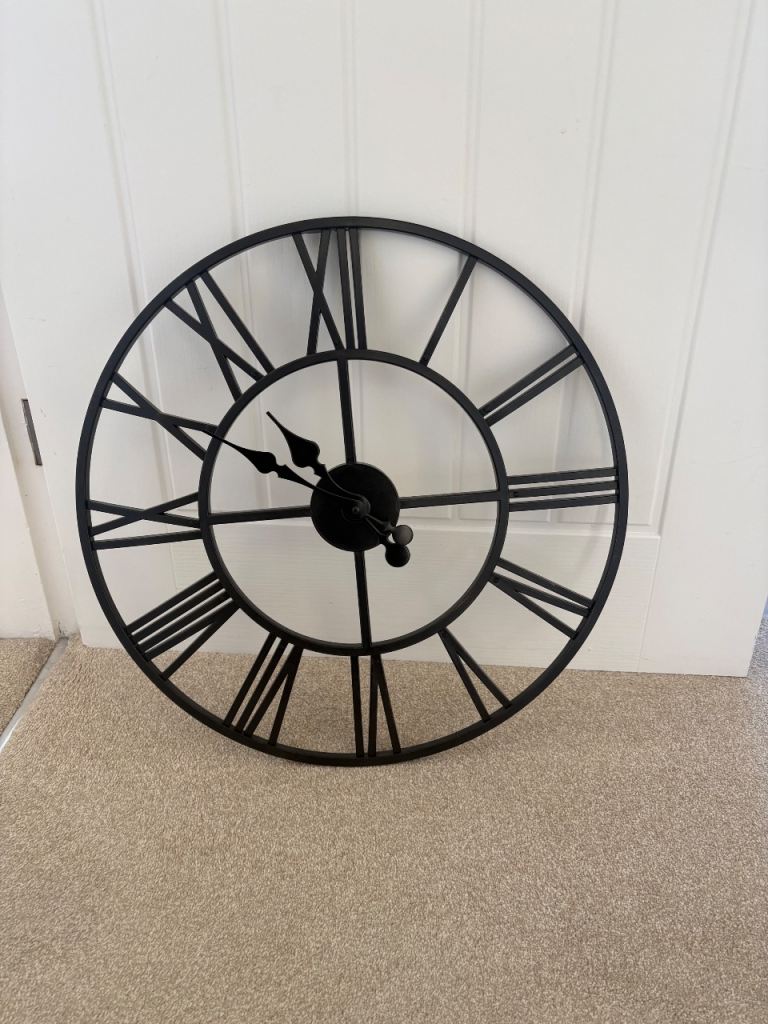 Large Black Metal Roman Numeral Wall Clock - As New