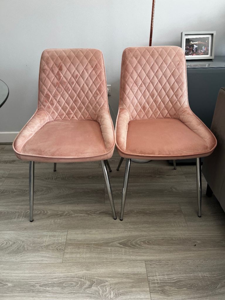 Pair of Next Hamilton Pink Velvet Dining Chairs – Chrome Legs
