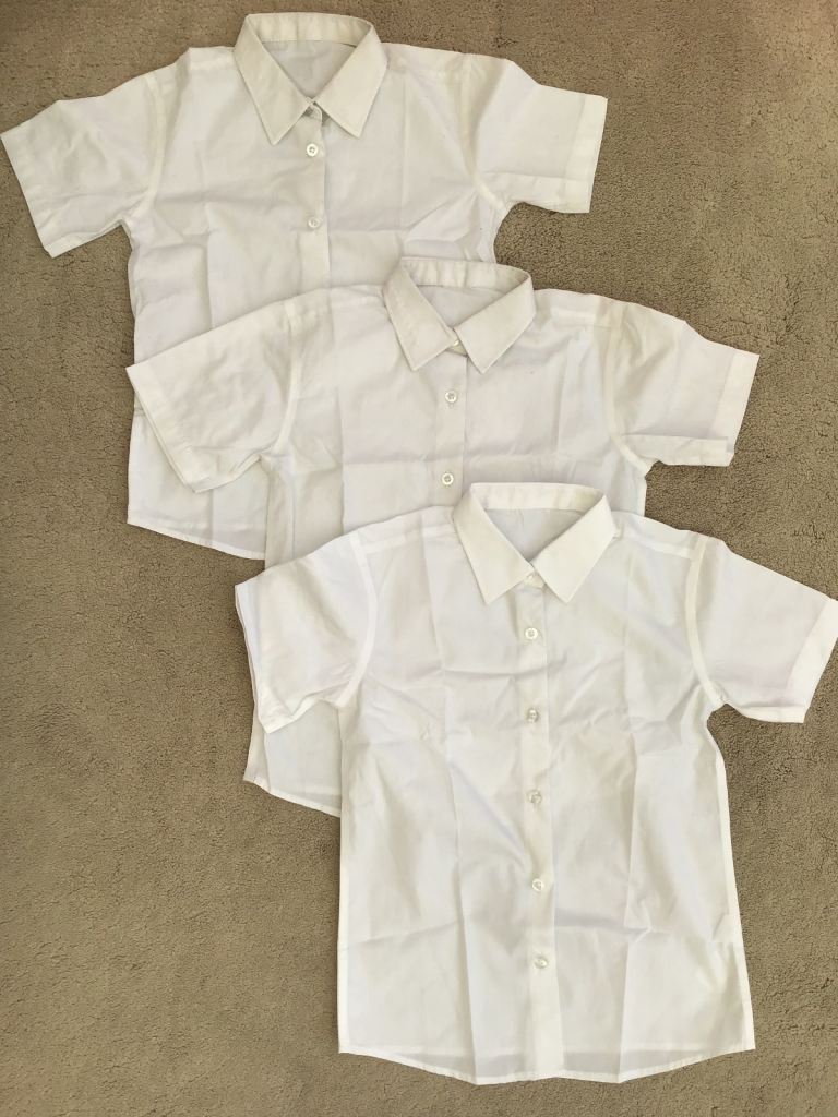 Girls White Short Sleeved School Uniform Shirts x 3, Ages 7-8 Years, BUNDLE