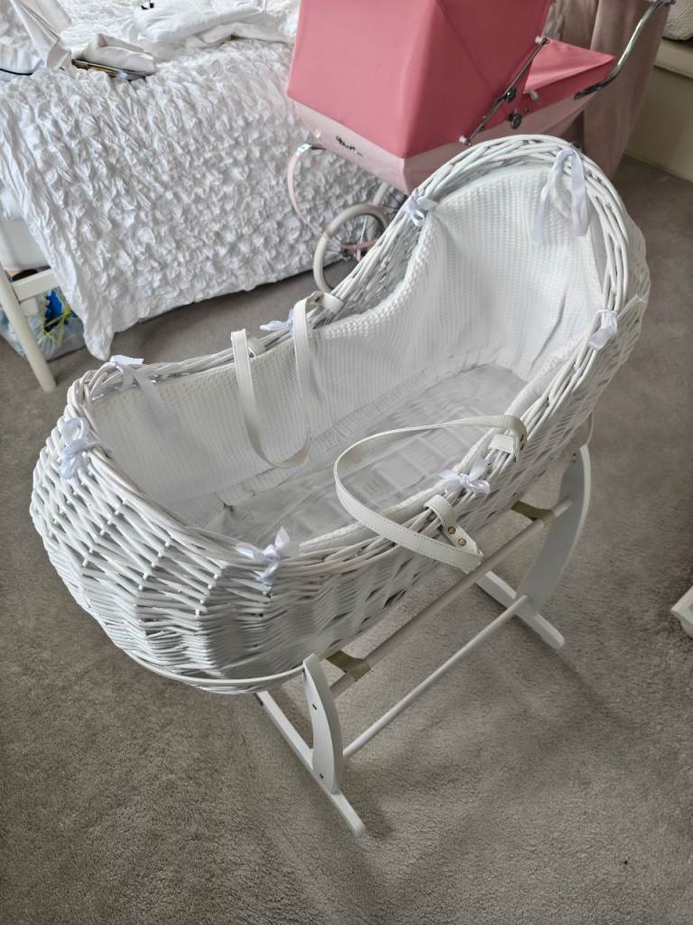 White Wicker Moses Basket with Rocking Stand
