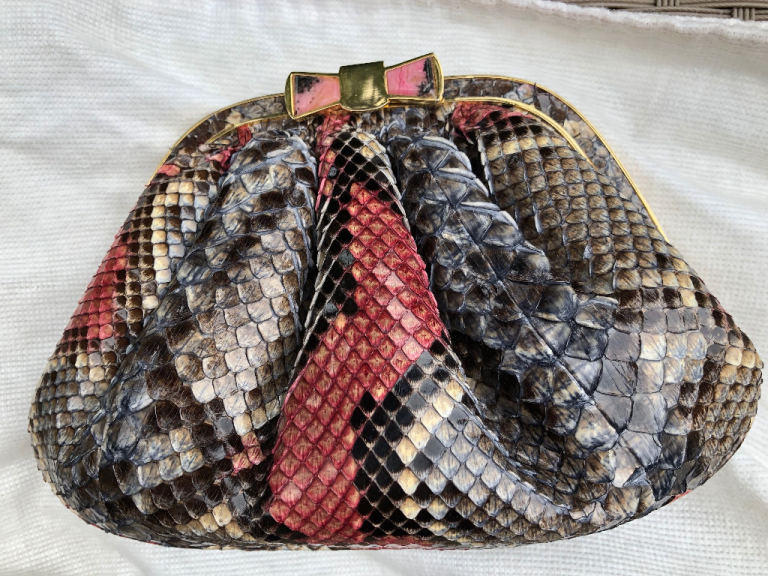 Vintage Grey and Pink Animal Skin Handbag with Gold Chain