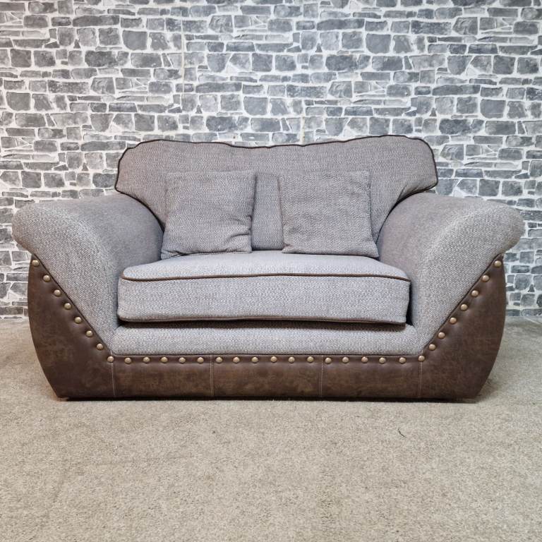 Large Armchair in Grey Fabric with Studded Faux Leather Trim