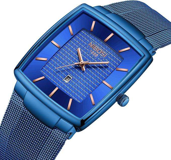 Gents Blue Face Blue Bezel Blue Stainless Steel Milanese Strap Watch Boxed