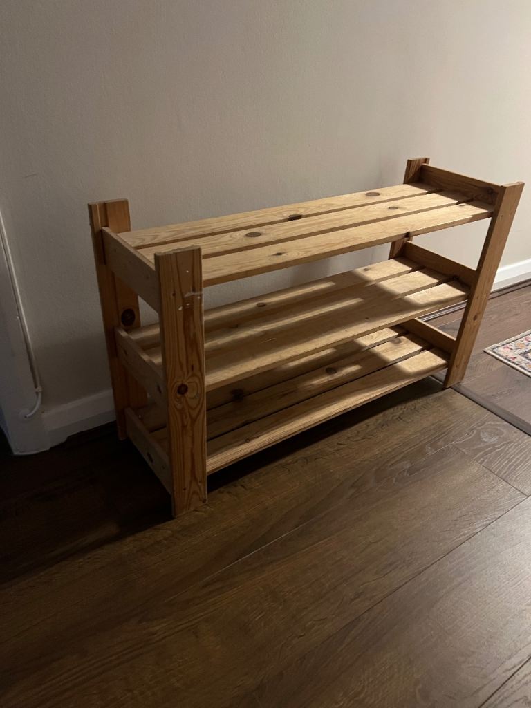 Solid Pine 3-Tier Wooden Shoe Rack / Storage Shelf – £15 