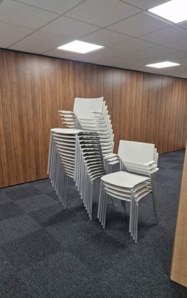 White wipeable stacking chairs cafe chairs (8 available) £30 each 