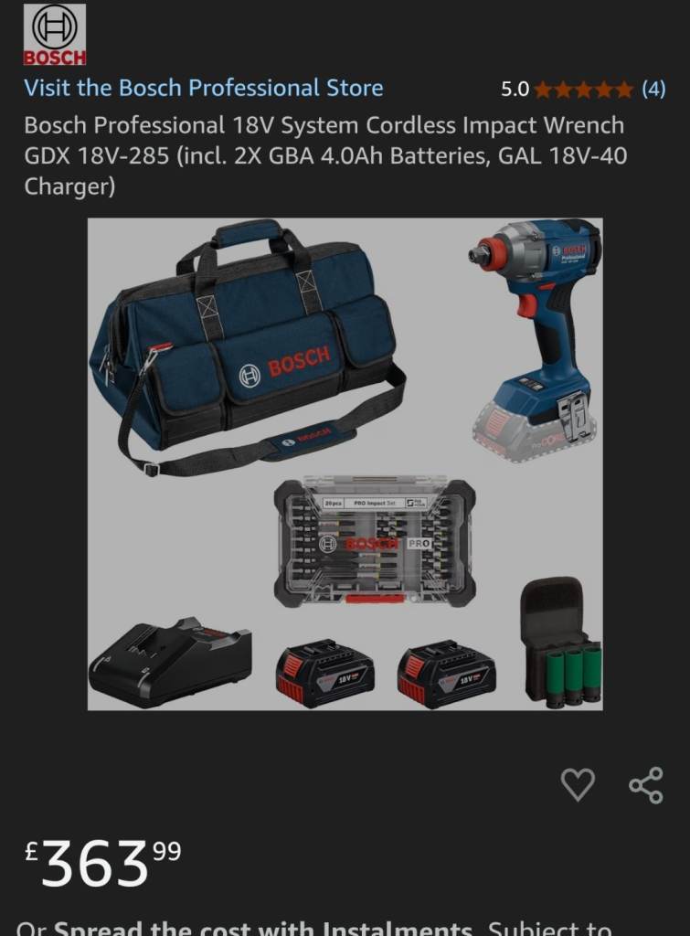 New, Bosch Pro, impact driver/wrench kit, was £363.