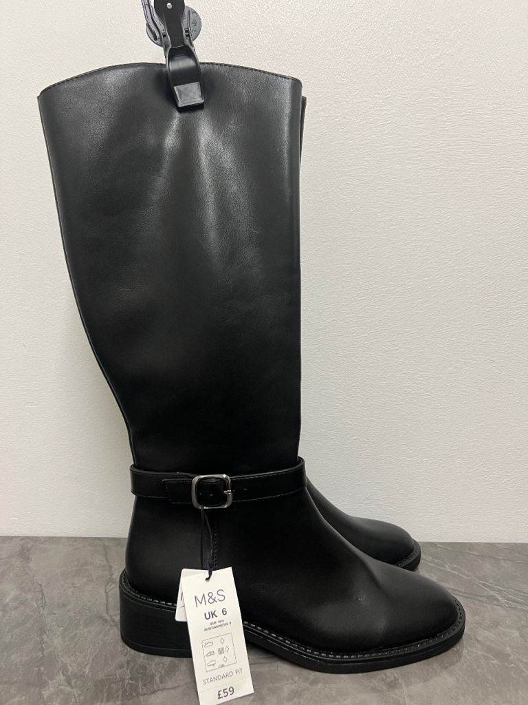 M&S Black Leather Knee-High Boots - UK Size 6, New with Tags