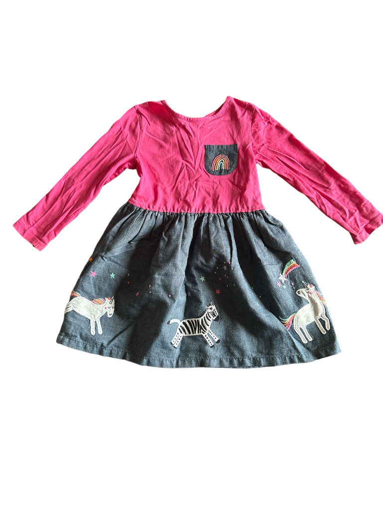 Bluezoo Girls Long Sleeved Dress Aged 4-5 Years Old With Unicorns, Zebras & Rainbow IN VGC