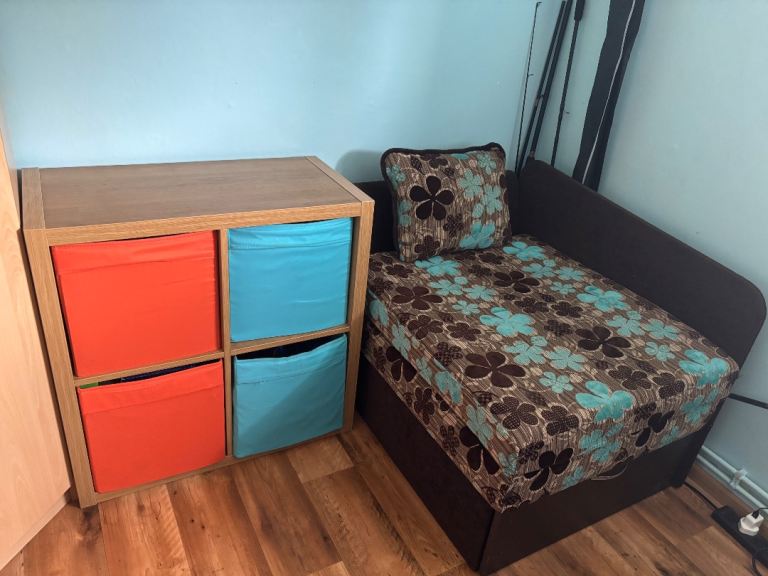 Brown Fabric Kids Sofa Bed with Storage and bedside unit Good Condition