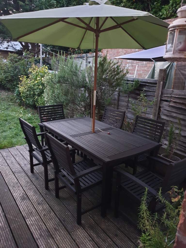 Solid wood garden furniture set table chairs and parasol