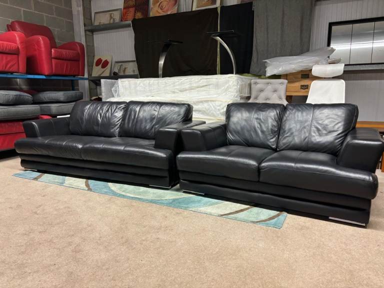 image for Modern Style Black Leather 2 and 3 Seater Sofas 