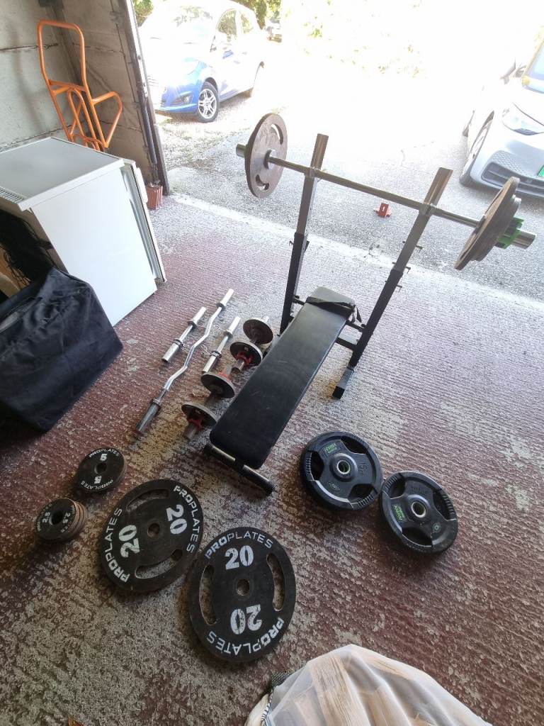 [Reduced to clear] Olympic Weight Set + Bars + Bench – Ideal Home Gym Setup