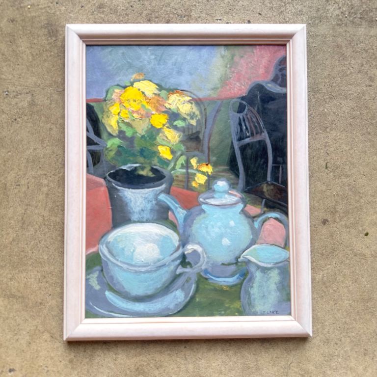 Original Framed Oil Painting by J. Lake / Jennie Lake – ‘Tea in the Café’ (30 x 40cm)