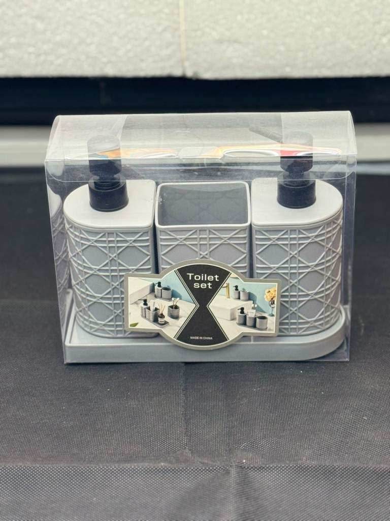 4‑Piece Bathroom Toilet Set – Grey Lattice Dispensers & Accessories on Matching Tray