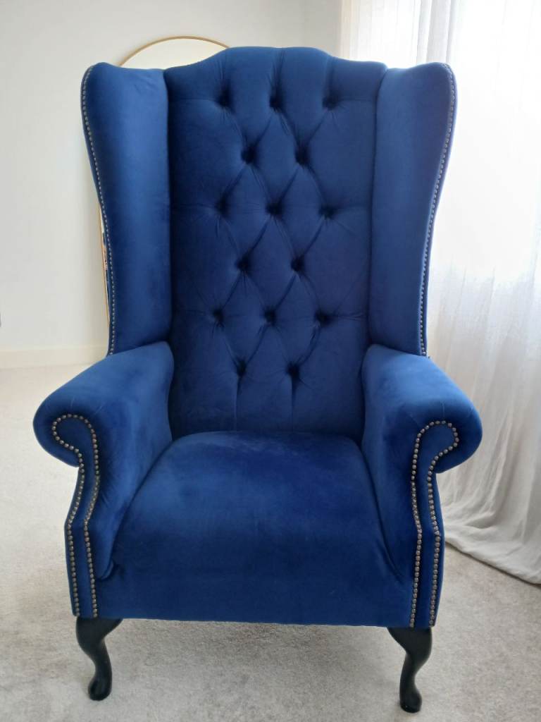 Navy Blue Velvet Chesterfield Wingback Chair High Back Armchair UK