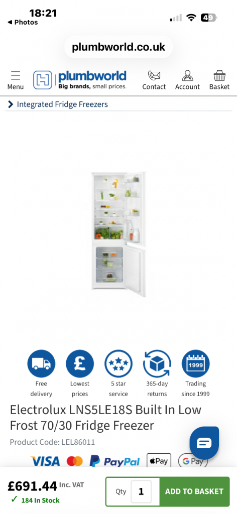 Electrolux LNS5LE18S Integrated 70/30 Fridge Freezer - Brand New