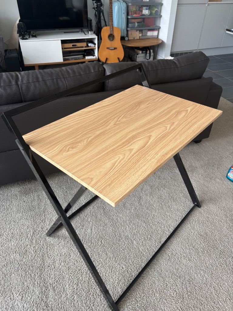 Folding Desk / Small Table - Black Metal Frame, Wood Top