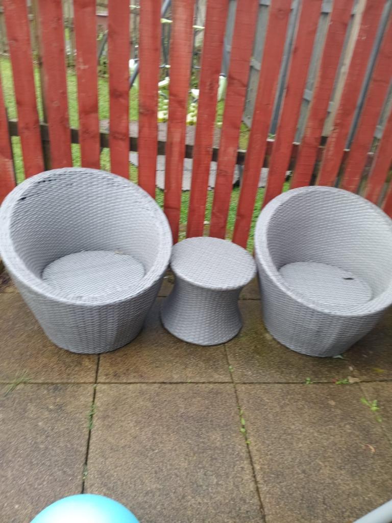 Grey Rattan Garden Patio Furniture Set - 2 Chairs & Table