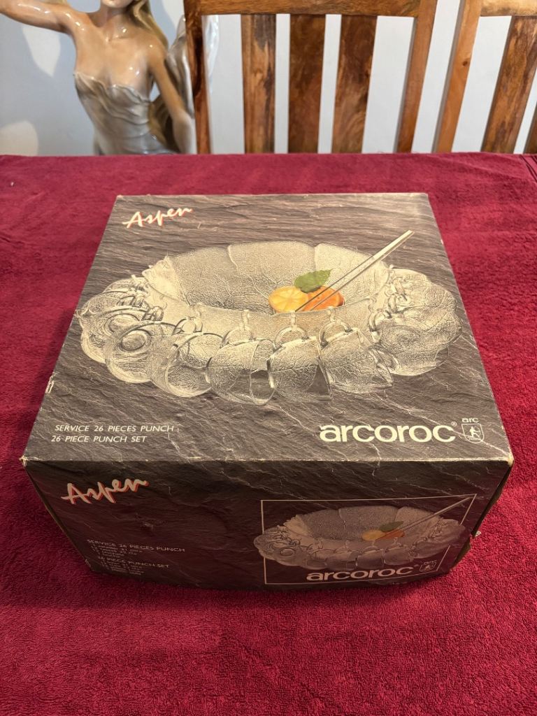 Arcoroc Aspen 26pc Glass Punch Bowl Set Clear Textured Leaf Pattern