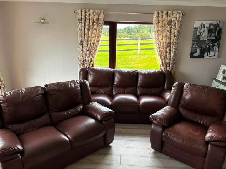 Brown Leather Sofa Set – 3-seater, 2-seater, and Armchair