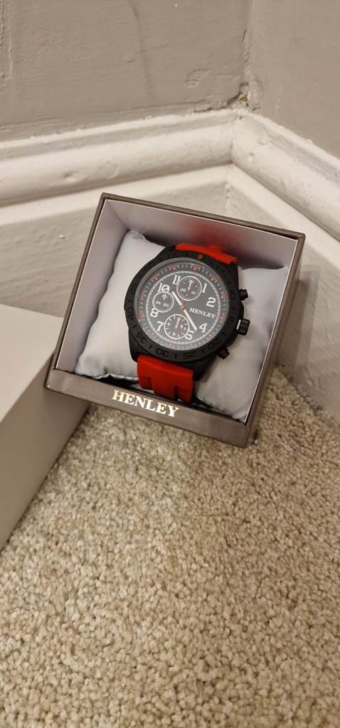 New Henley Men's Black Watch with Red Strap