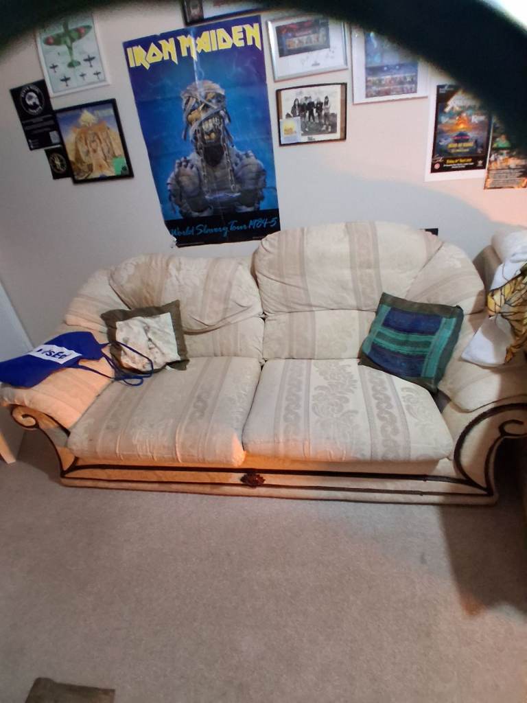 Cream Fabric Two-Seater Sofa – Fair Condition