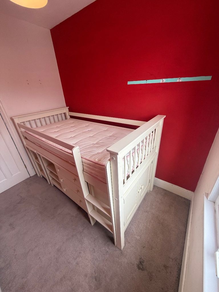 White Wooden Kids Bed with Storage and Mattress – Good Condition