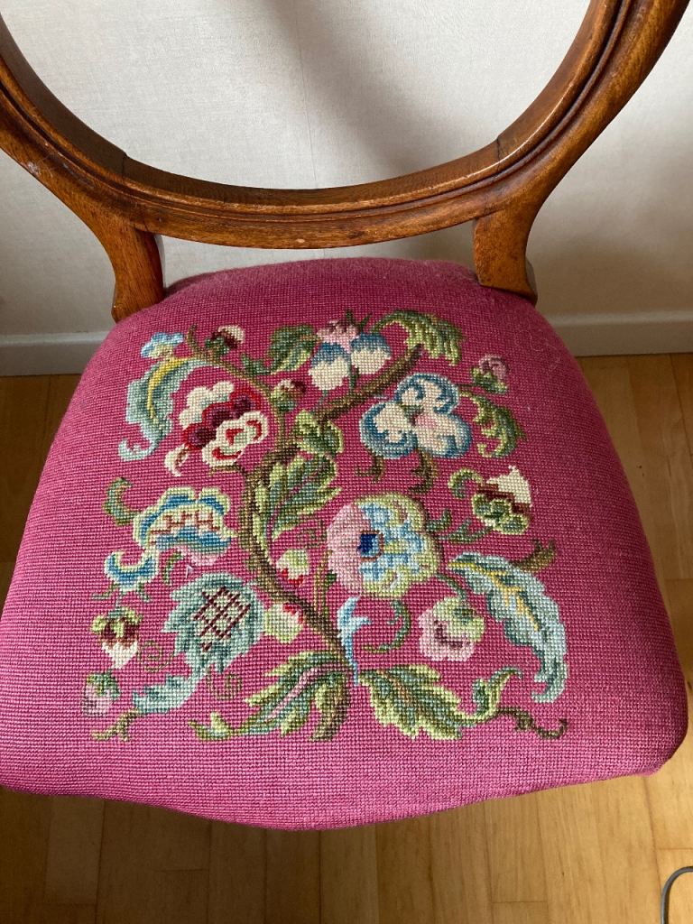 Balloon back chair with tapestry seat pad. 