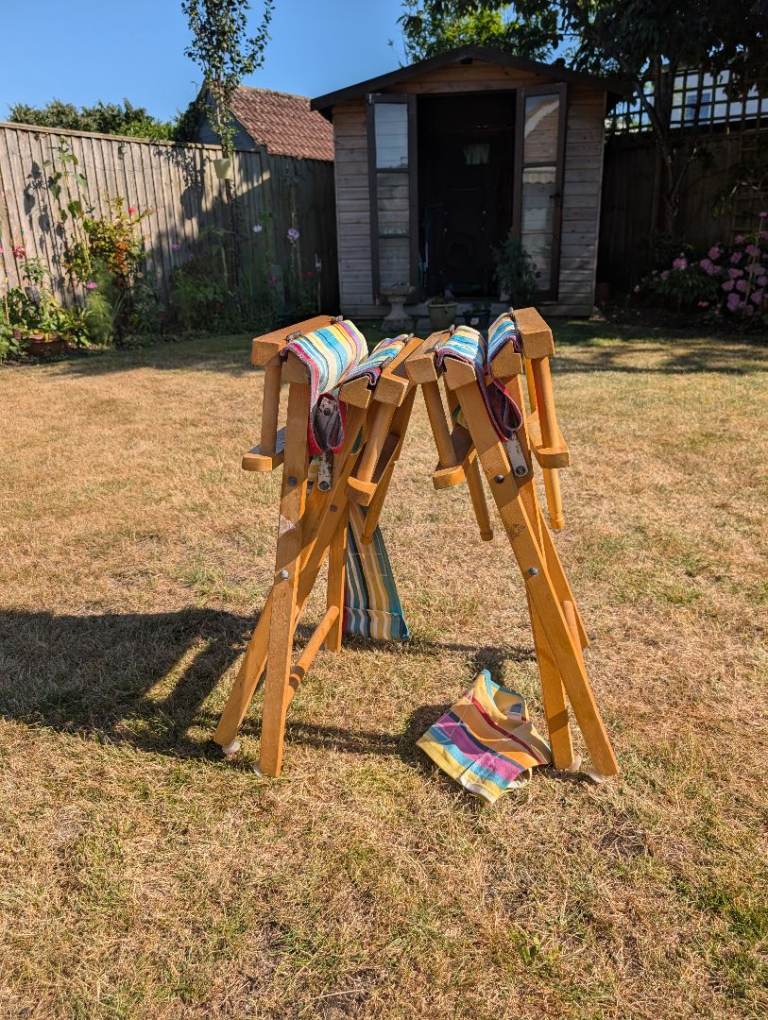 Pair of Wooden Folding Director's Chairs with Colourful Striped Fabric