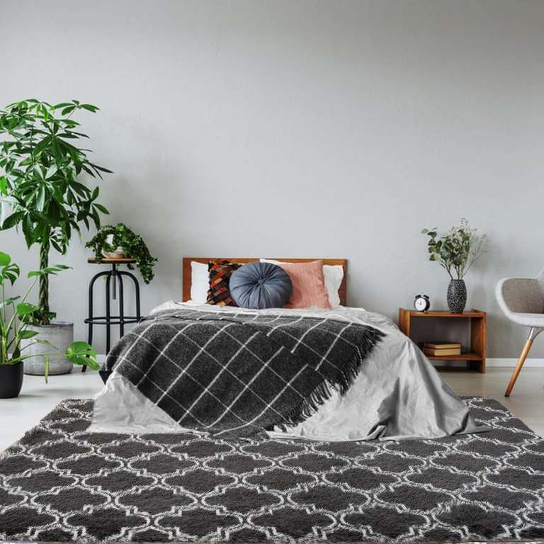 Black with Greyish White Fluffy Soft Rug Stain Resistant with Anti Slip Backing (120x180 cm)